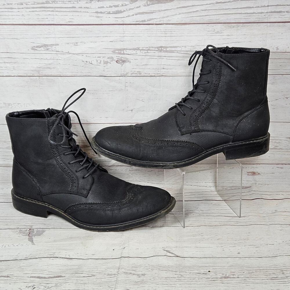 Unlisted Men's Black US 10.5 Brogue Lace Up Side Zip Wingtoe Boots Synthetic